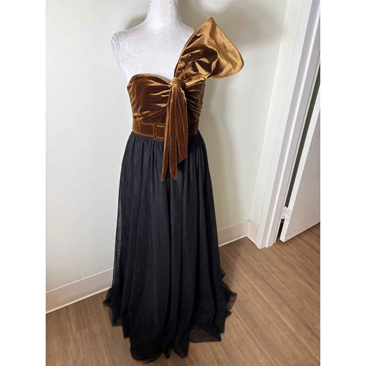 Badgley Mischka Brown Velvet Top Black Tulle Oversized Bow Evening Gown Sz 4