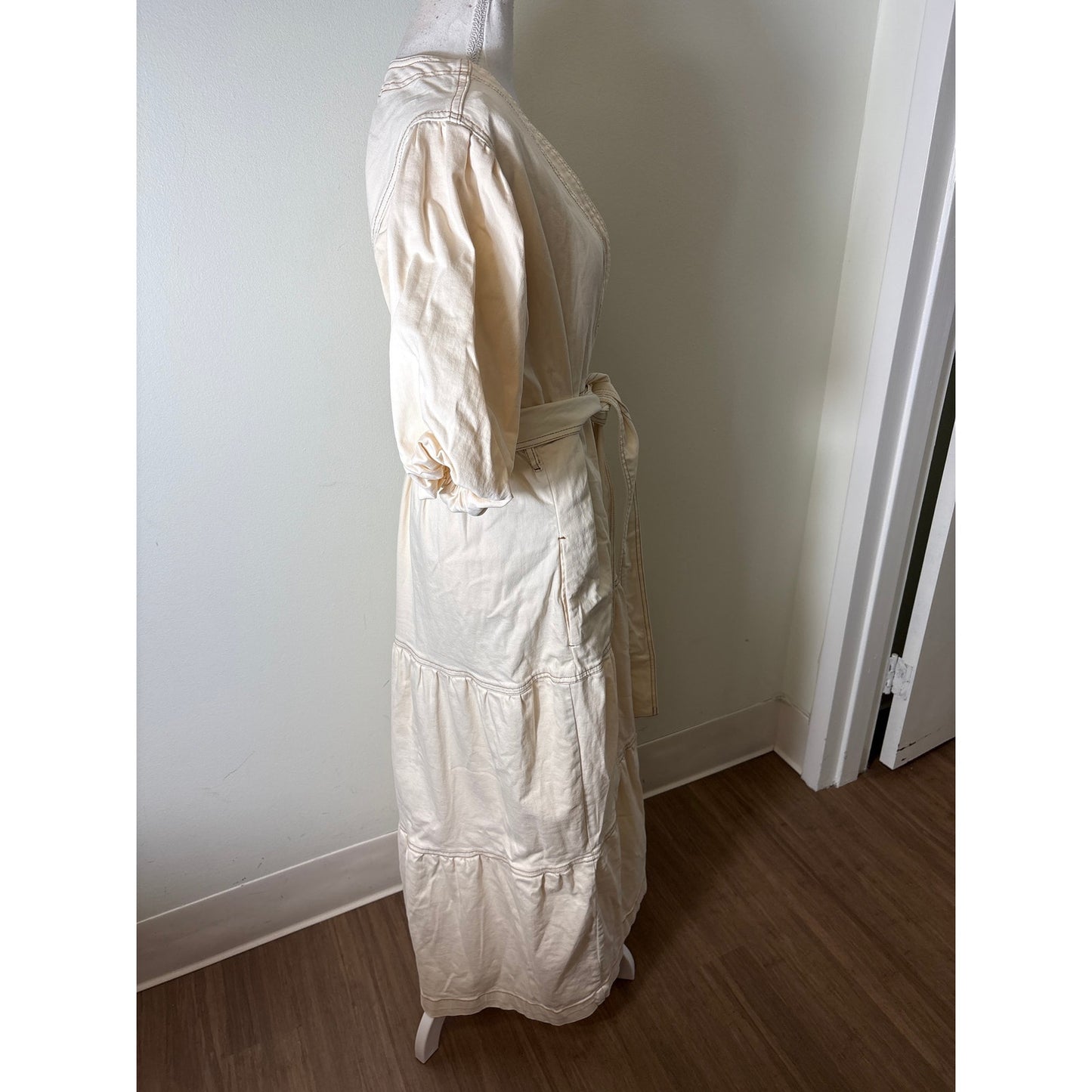 Marie Oliver Cream Denim Puff Sleeve Wrap Maxi Dress Sz L