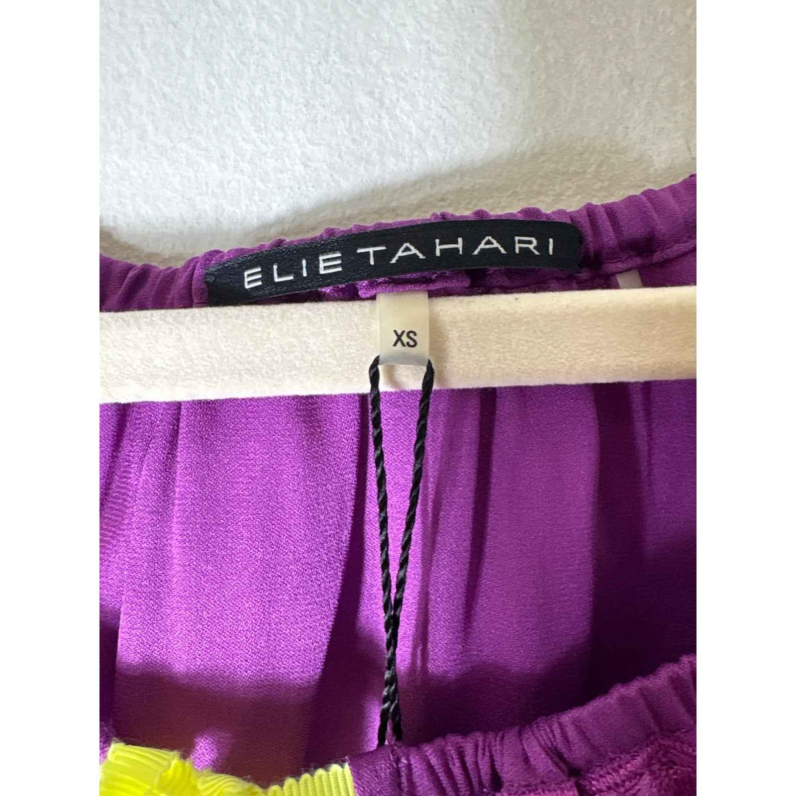 Elie Tahari Purple and Neon Yellow Long Sleeve Embroidered Silk Blouse Sz XS