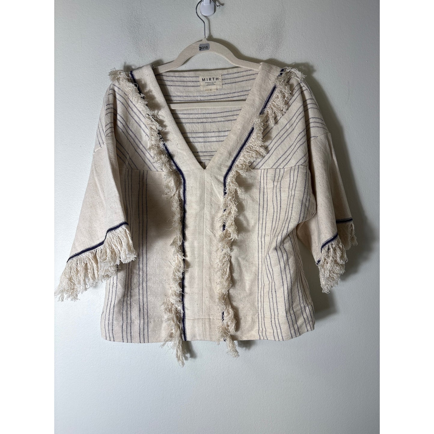 MIRTH Off White Navy Cotton Half Sleeve Tunic with Fringe Sz S