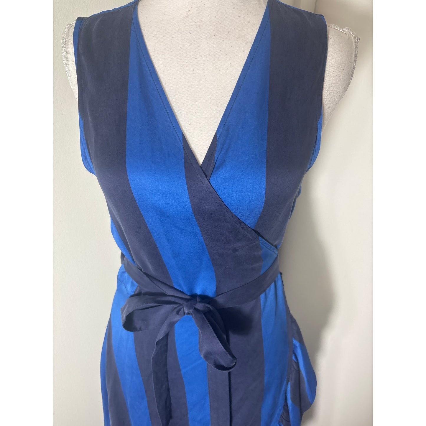 Unsubscribed Blue Stripe Sleeveless Silk Wrap Maxi Dress Sz S