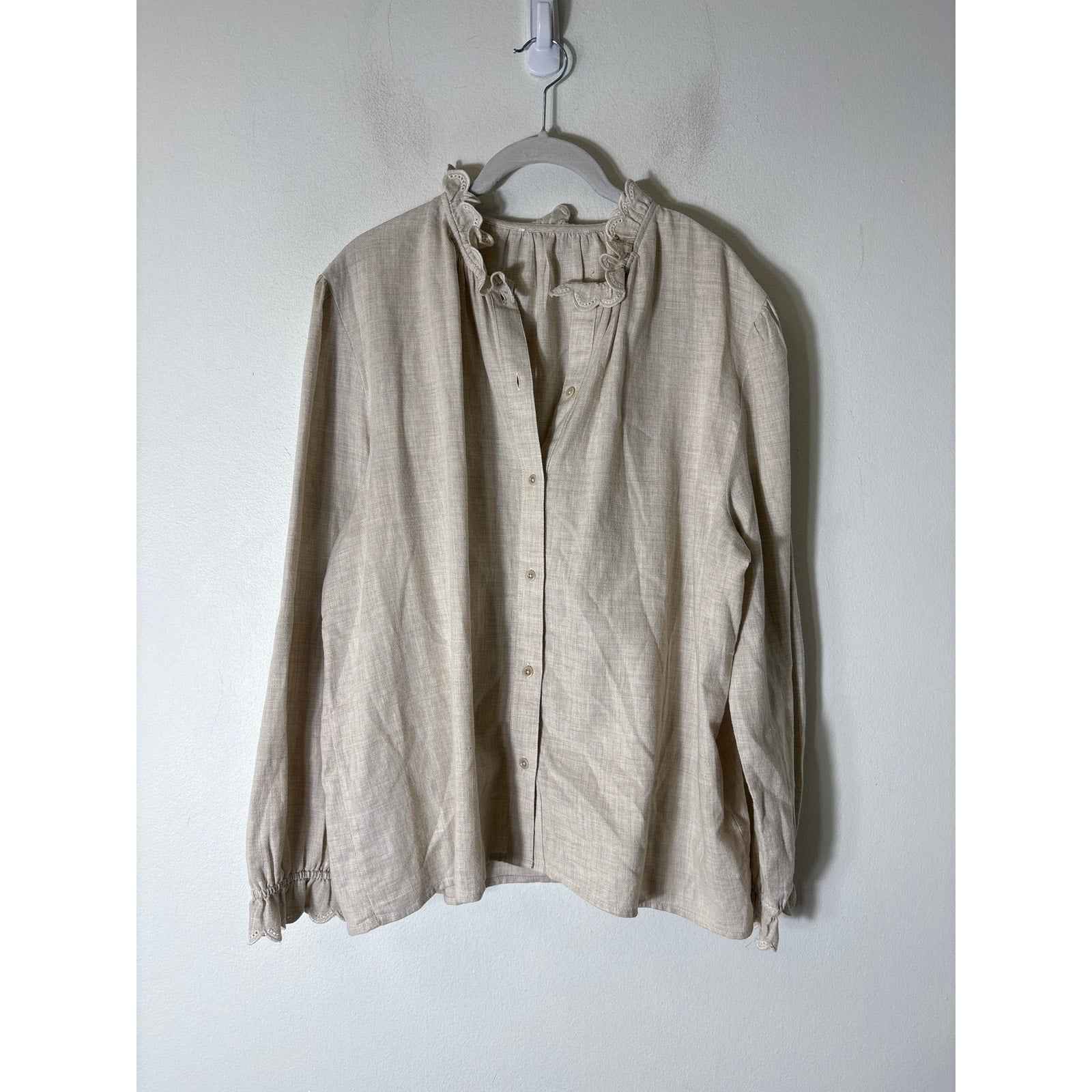 BA&SH Oatmeal Long Sleeve Button Up Ruffle Collar Shirt Sz M