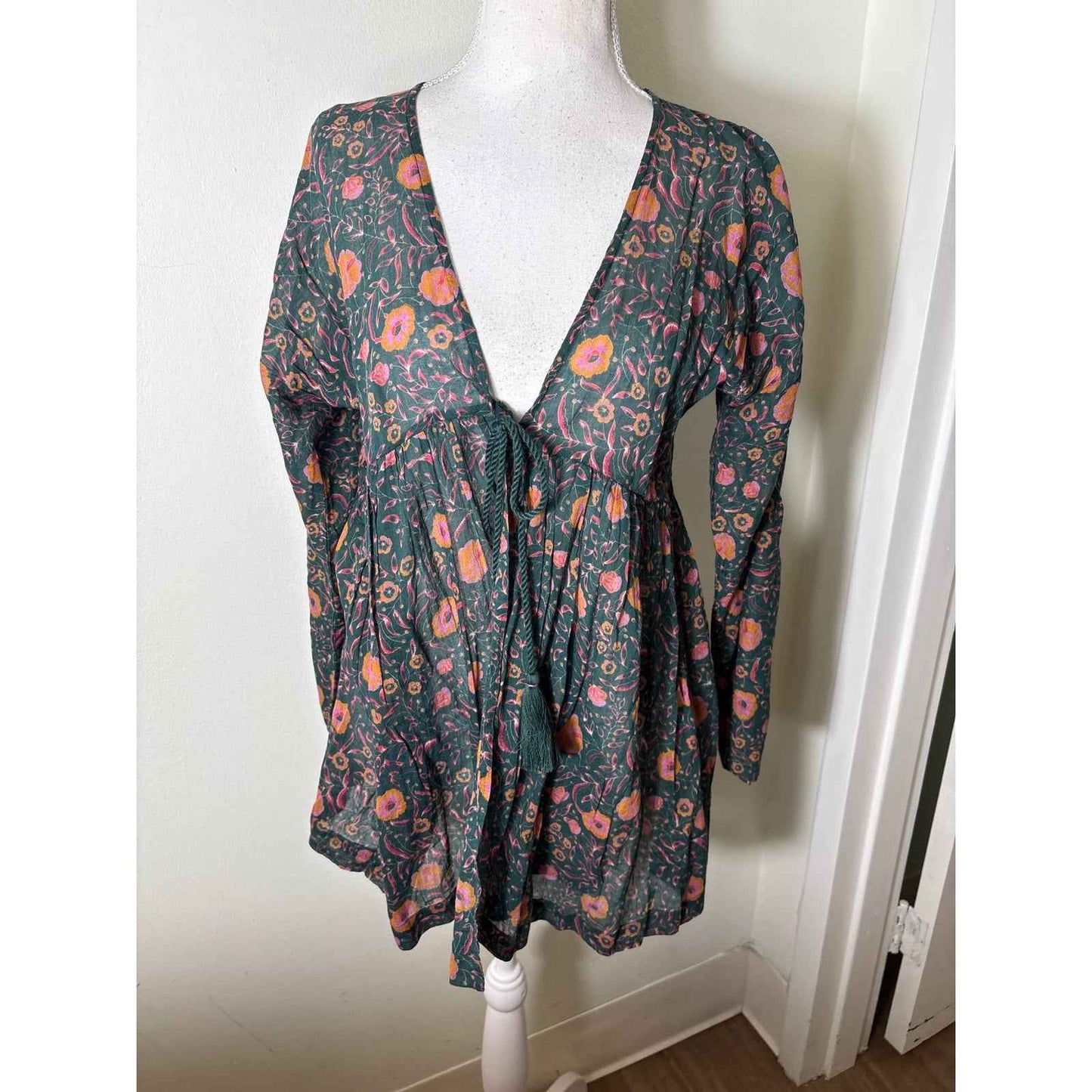 Roller Rabbit Dark Green Floral Cotton Long Sleeve Tie-Over Top Sz S