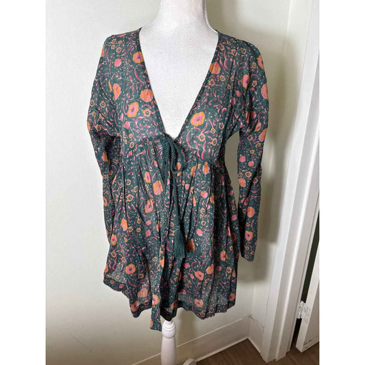 Roller Rabbit Dark Green Floral Cotton Long Sleeve Tie-Over Top Sz S