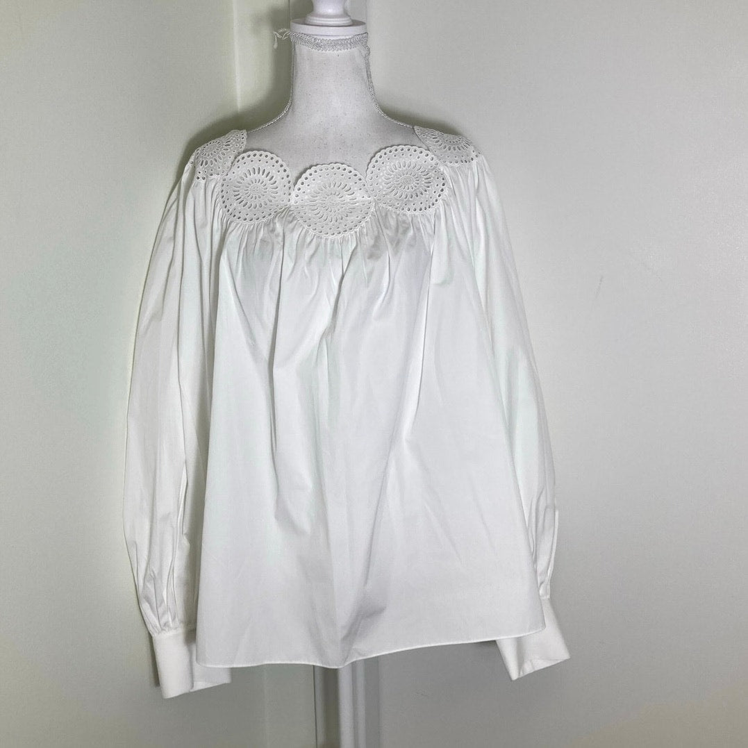 Alaia Paris White Cotton Long Sleeve Shirt Scalloped Collar Sz 42