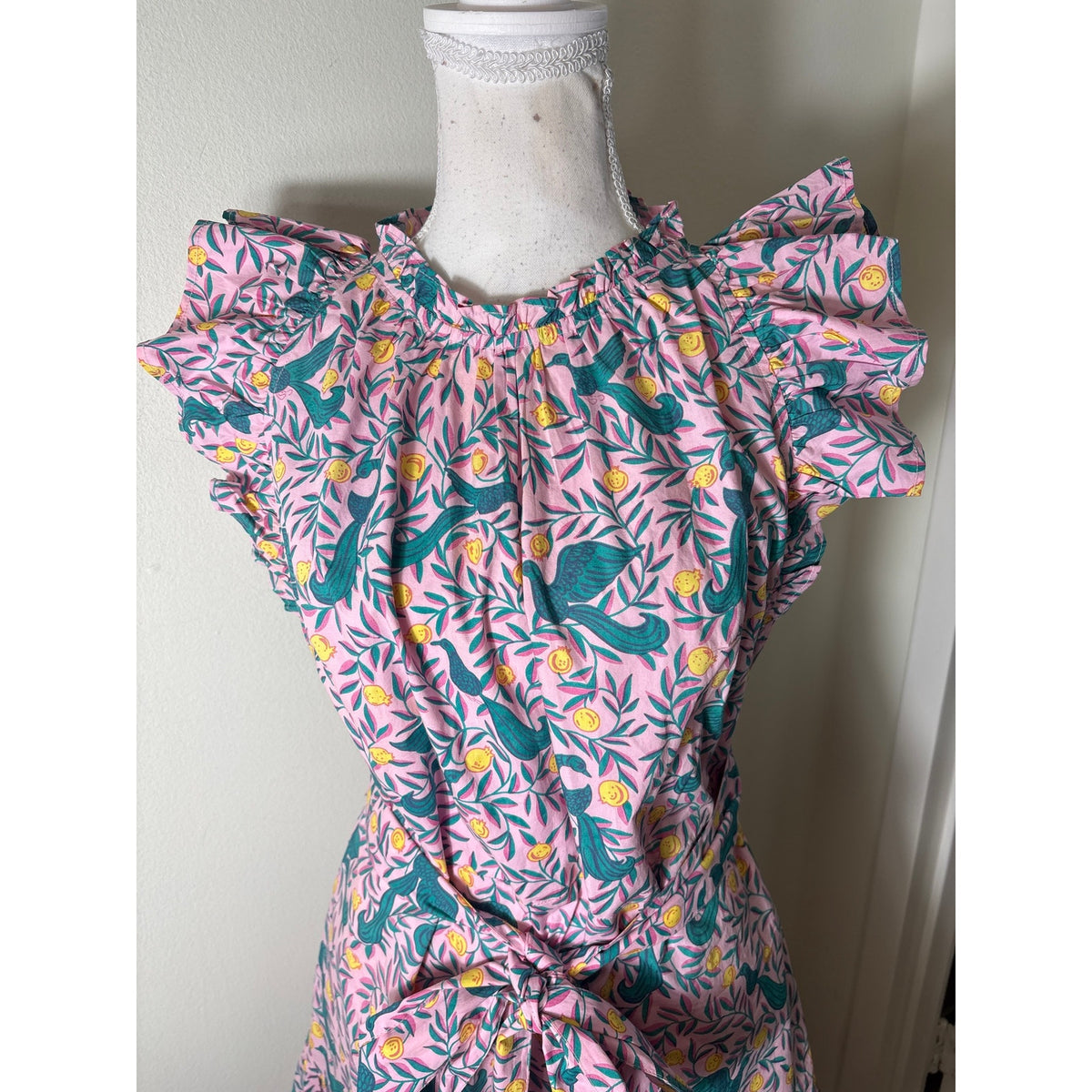 Banjanan Pink and Green Bird Midi Dress Sz M