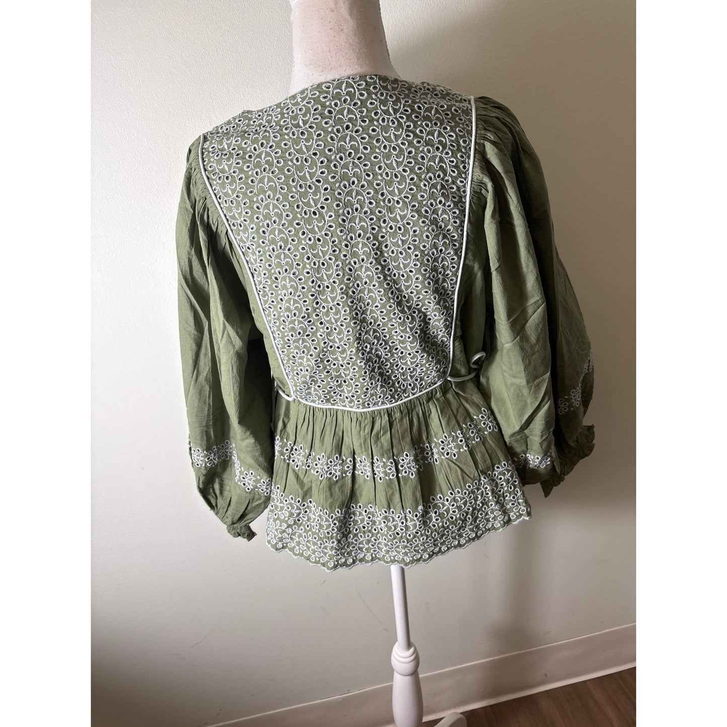 NWT Baybala Sage Green and White Eyelet Peasant Top Sz L