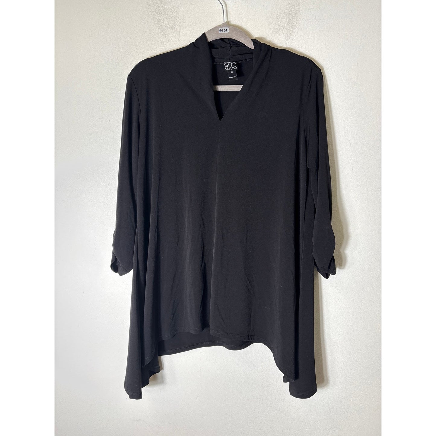 Clara Sun Woo Black 3/4 Sleeve V-Neck Hi Low Hem Shirt Sz M