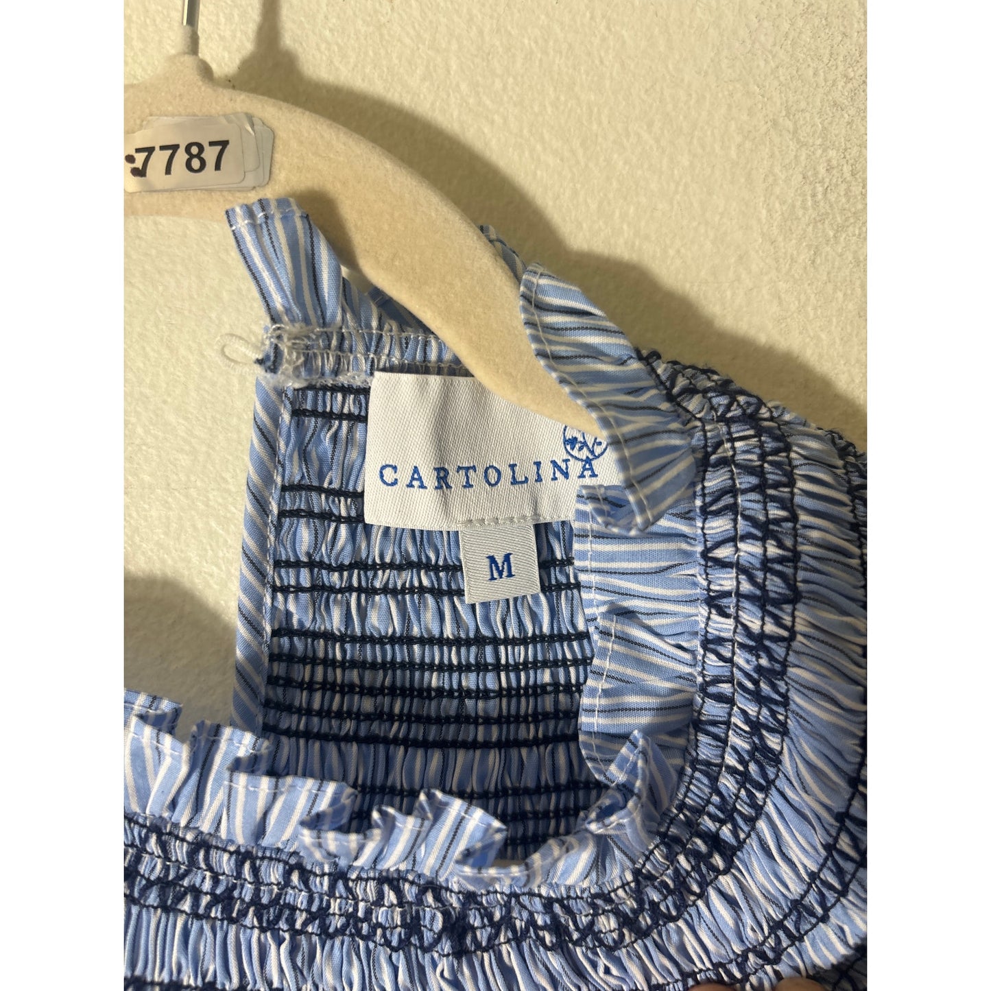Cartolina Blue and White Striped Smocked Neckline Cotton Shirt Sz M