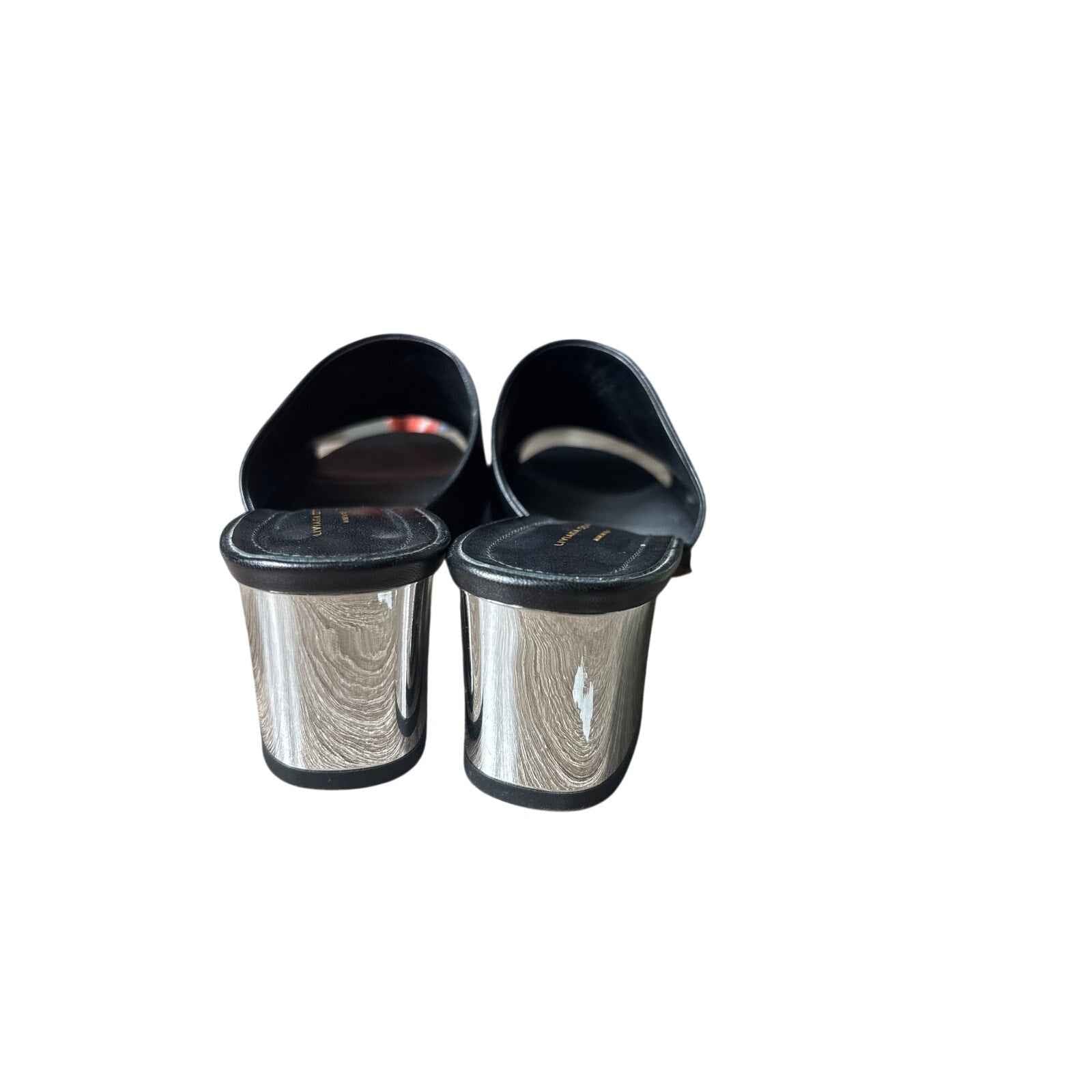 Liviana Black Leather and Silver Slip On Sandal with 2" Heel Sz 38