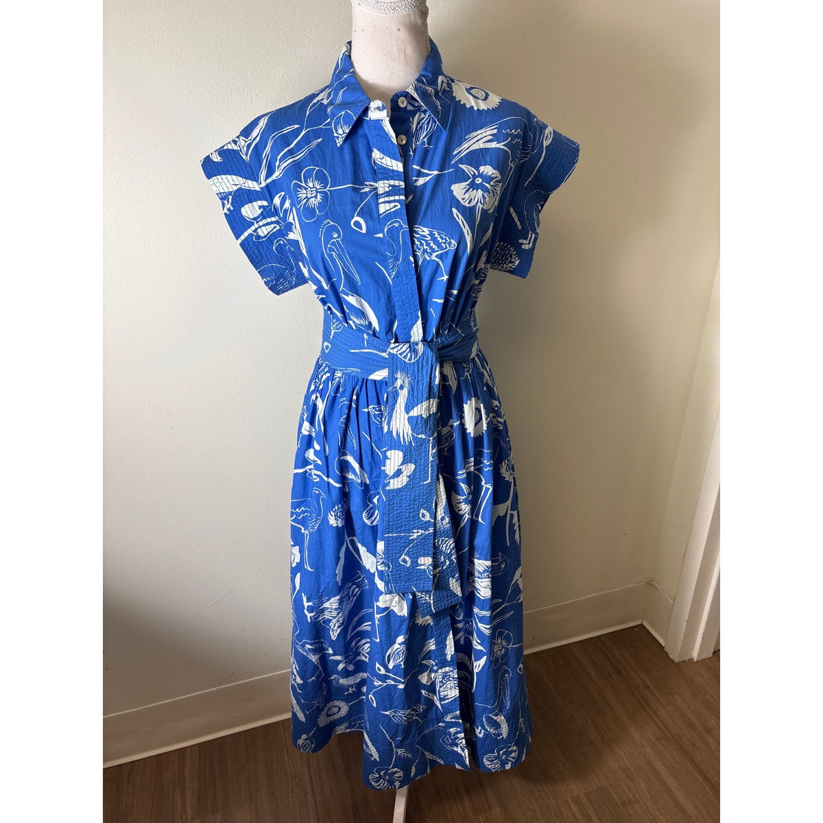 Oliphant Blue and White Bird Print Button Up Cotton Dress Sz XS