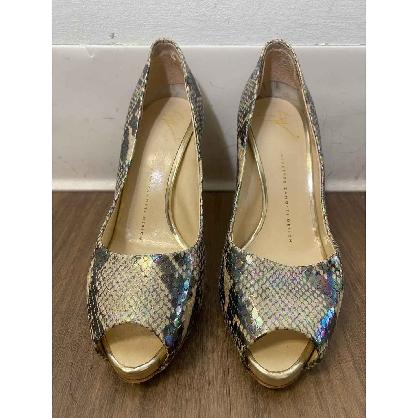 Giuseppe Zanotti Design Gold Snakeskin Peep Toe Stiletto Sz 38