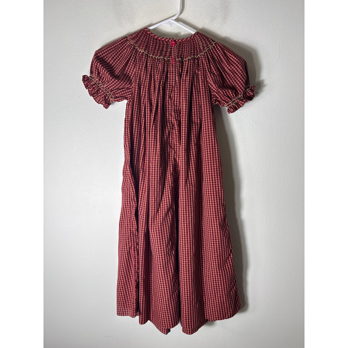 Girls Vintage Alennys Red,Black&Tan Plaid Smocked Hippo Dress Sz 6x