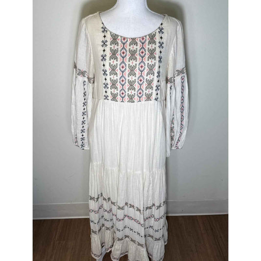 Anthropologie Off White Long Sleeve Embroidered Cotton Maxi Dress Sz 6