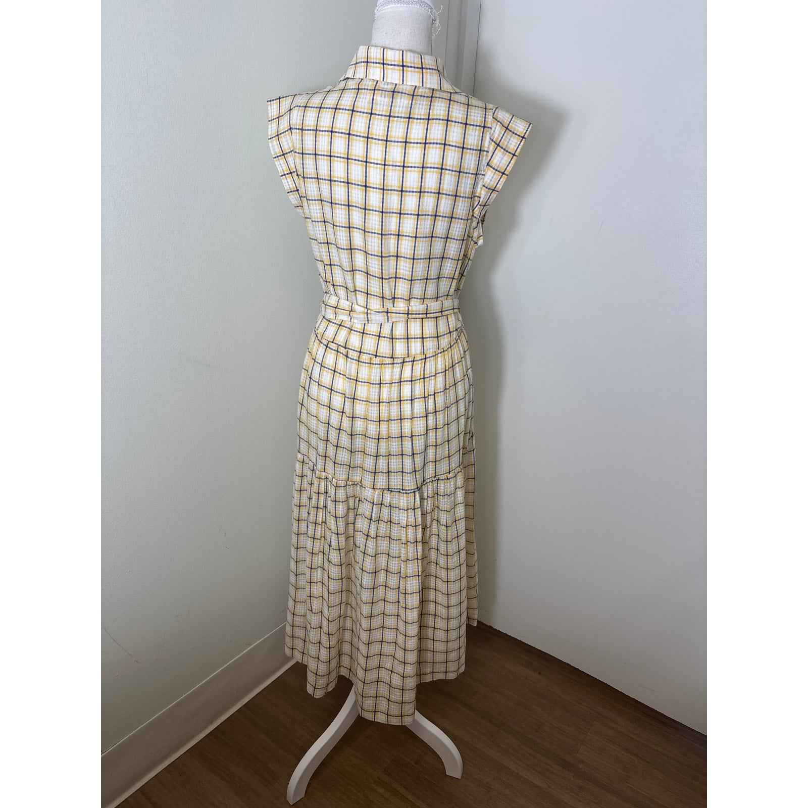 Mii Au Jardin Blue and Yellow Plaid Cap Sleeve Maxi Dress sz M