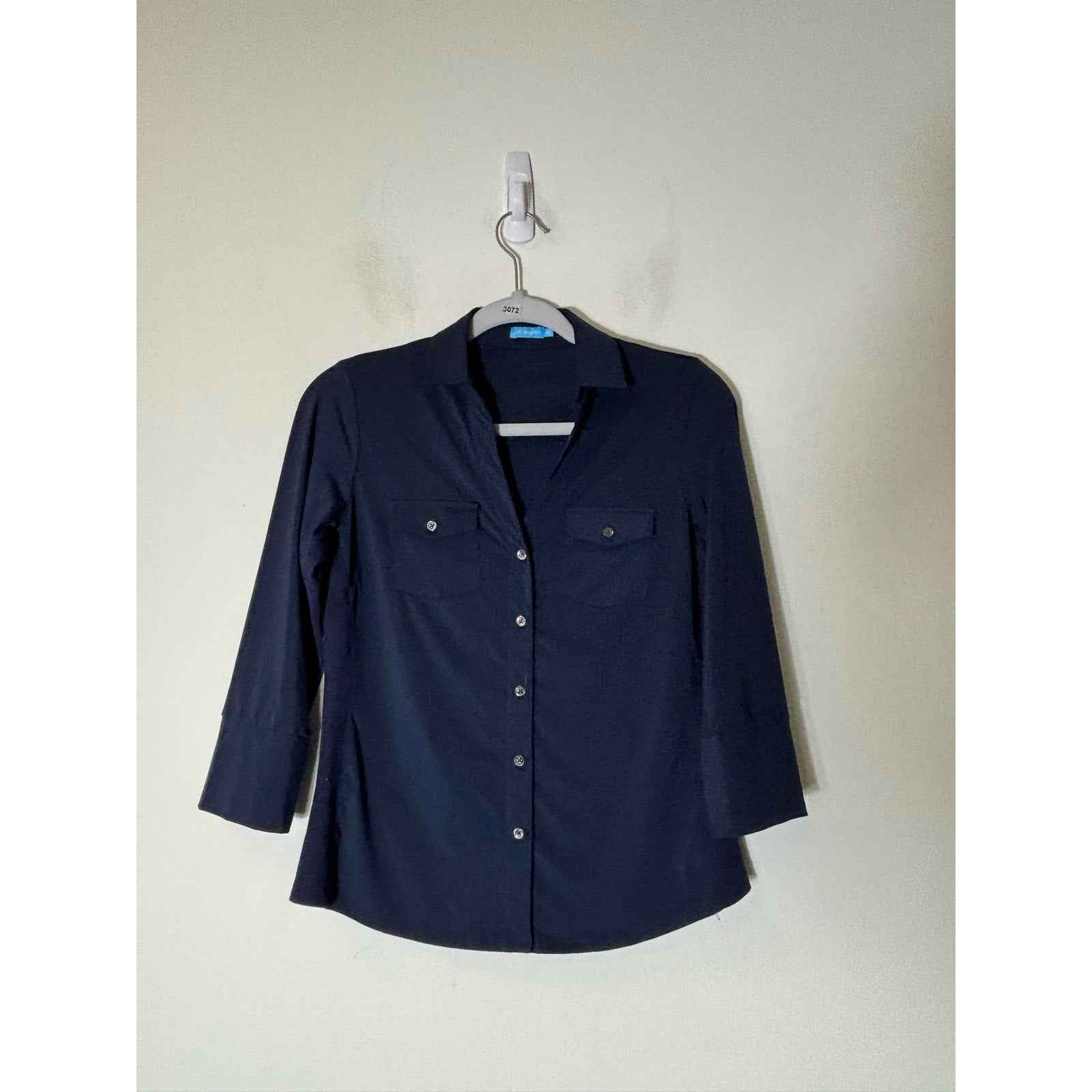 J. McLaughlin Navy Blue Long Sleeve V-Neck Button Up Sz XS