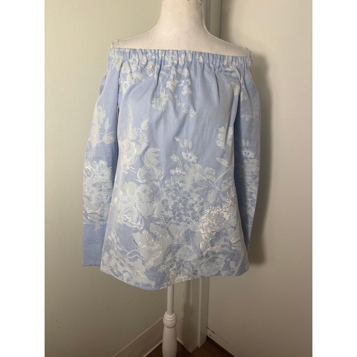 Lafayette 148 Light Blue Floral Long Sleeve Off The Shoulder Shirt Sz S