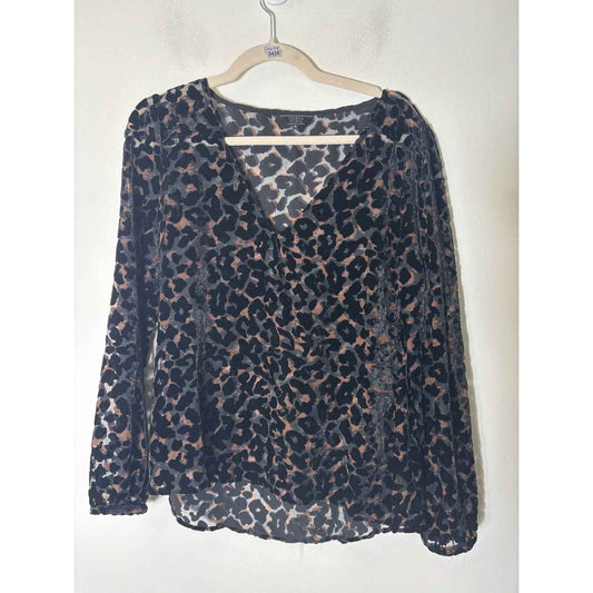 Guess Brown Black Cheetah Print Sheere Long Sleeve Shirt Sz M
