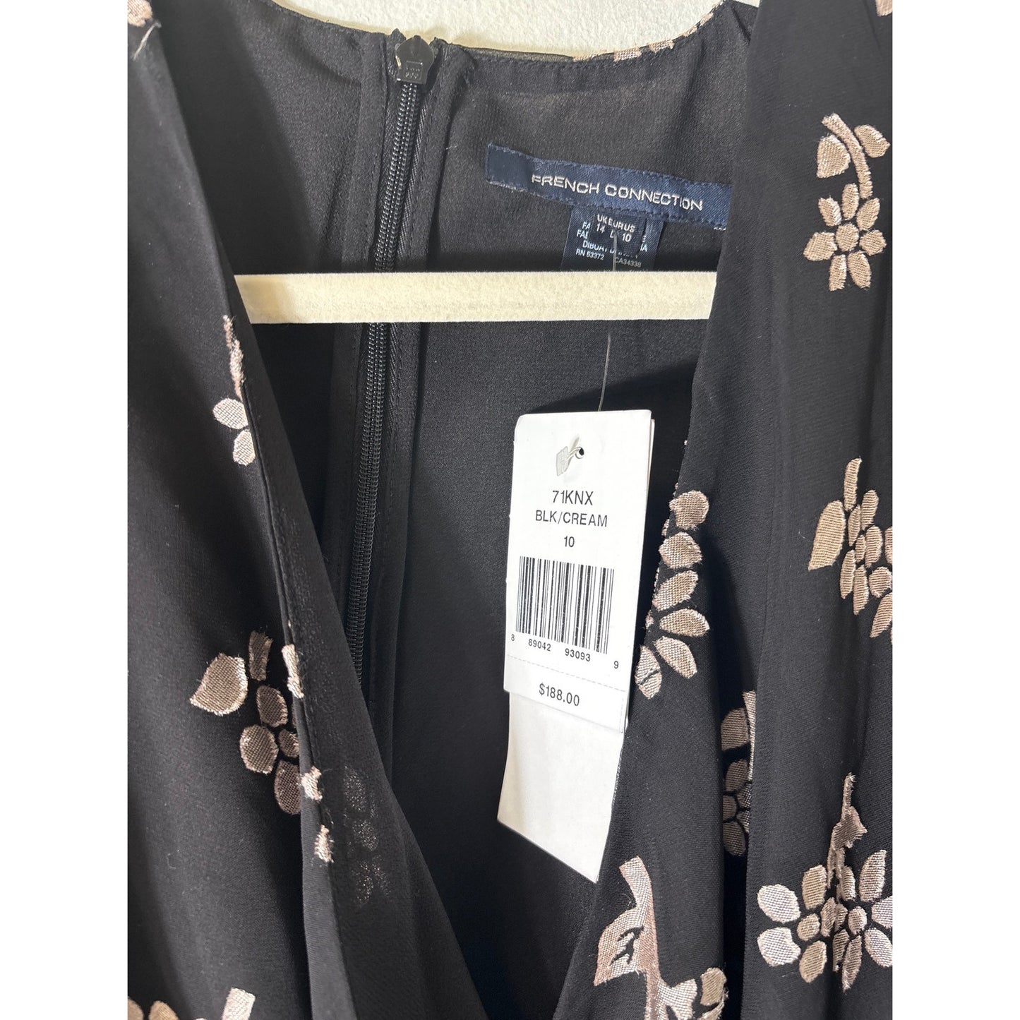 NWT French Connection Black and Cream Sheer Flutter Sleeve Dress Sz L
