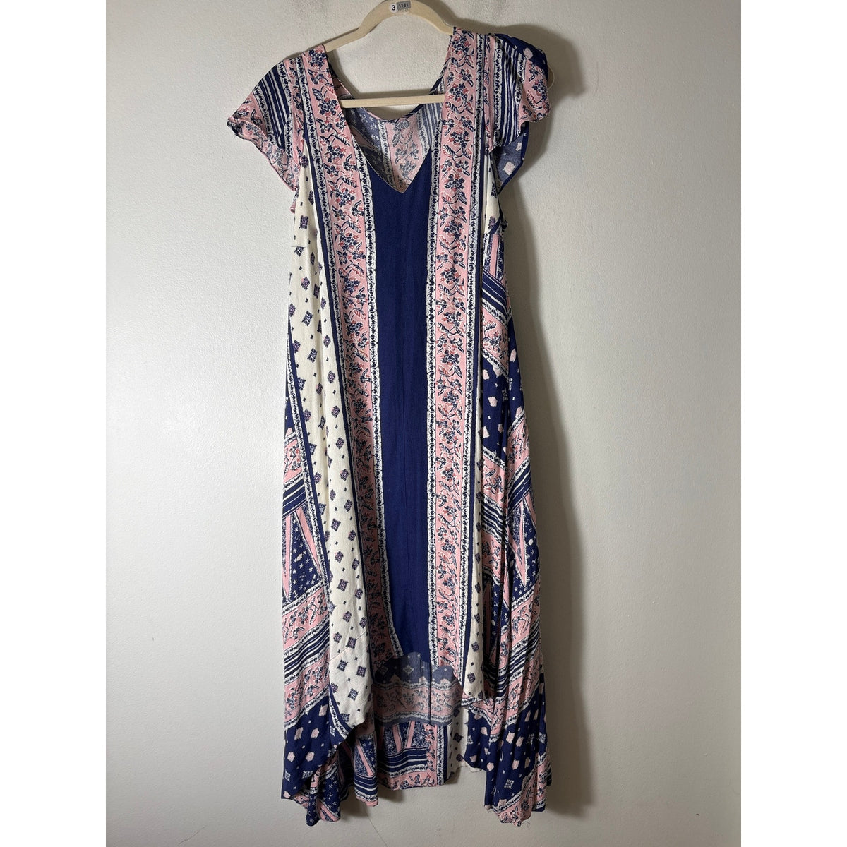 Maeve Navy and Pink Flutter Sleeve Open Back Maxi Dress Sz M