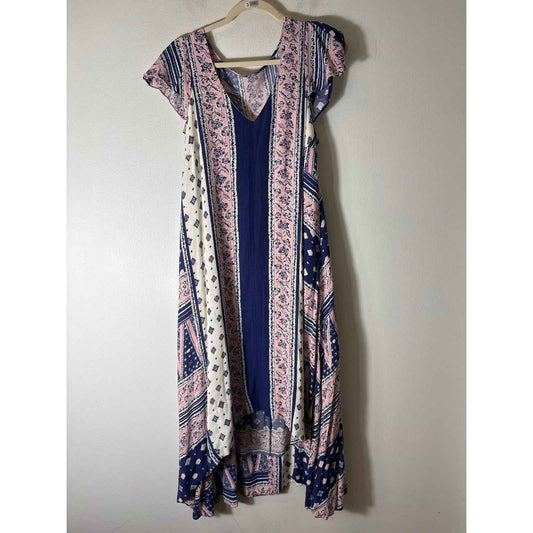 Maeve Navy and Pink Flutter Sleeve Open Back Maxi Dress Sz M