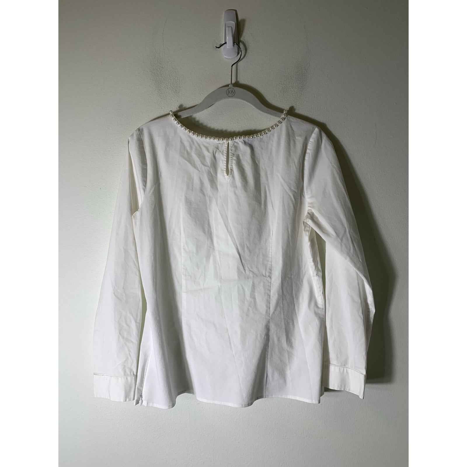 Talbots Petite White Long Sleeve Cotton Blend Top with Pearl Detailing Sz Small