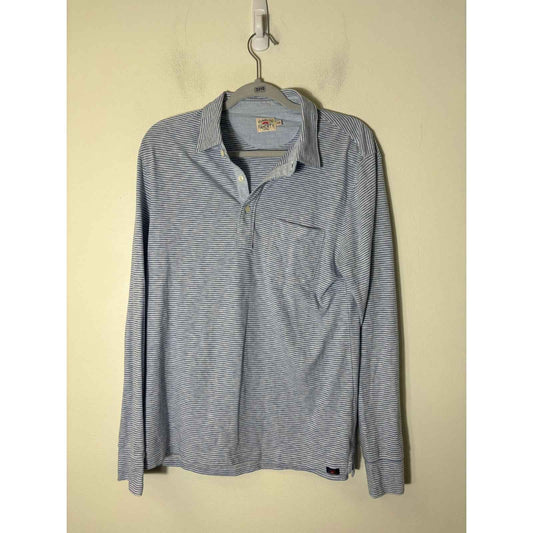 Men's Faherty Brand Blue and White Stripe Long Sleeve Polo Style Shirt Sz M
