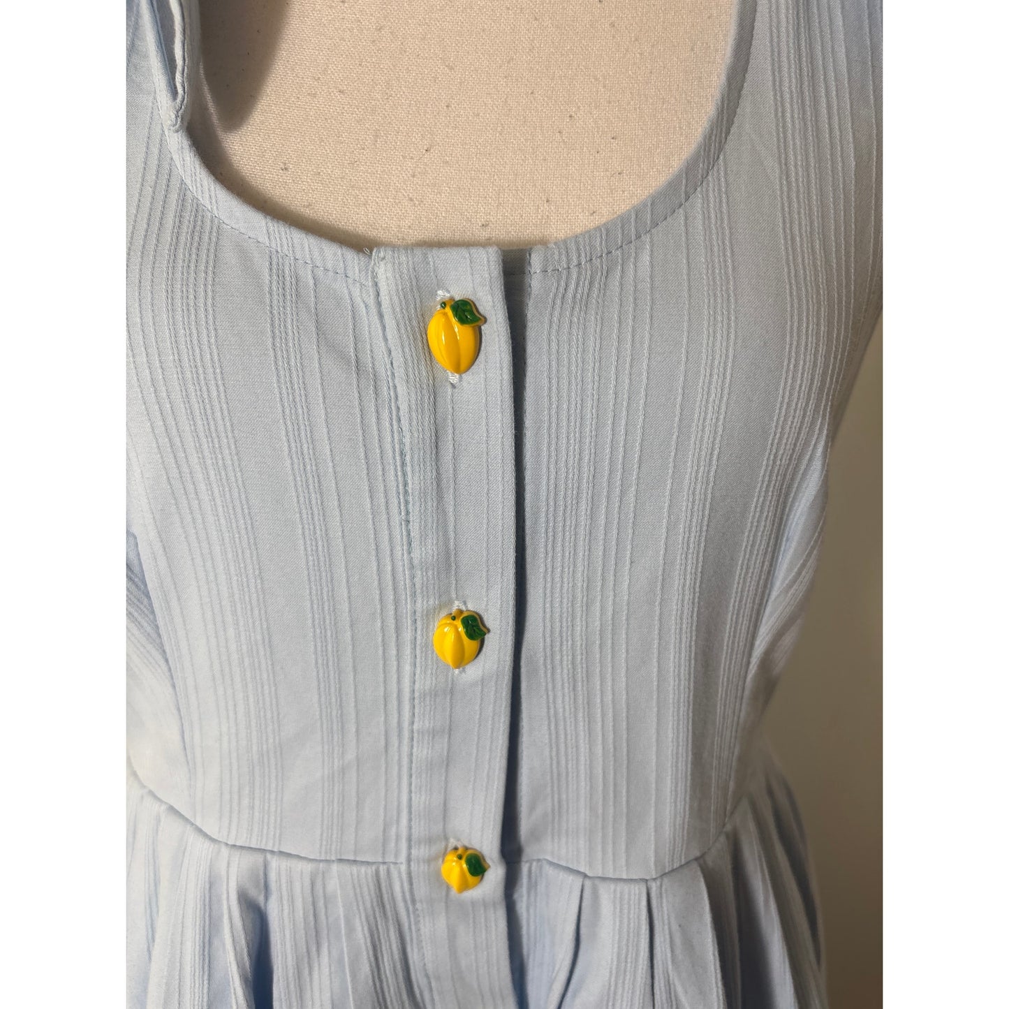 Buru Baby Blue Tie Shoulder A Line Lemon Button Dress Sz S