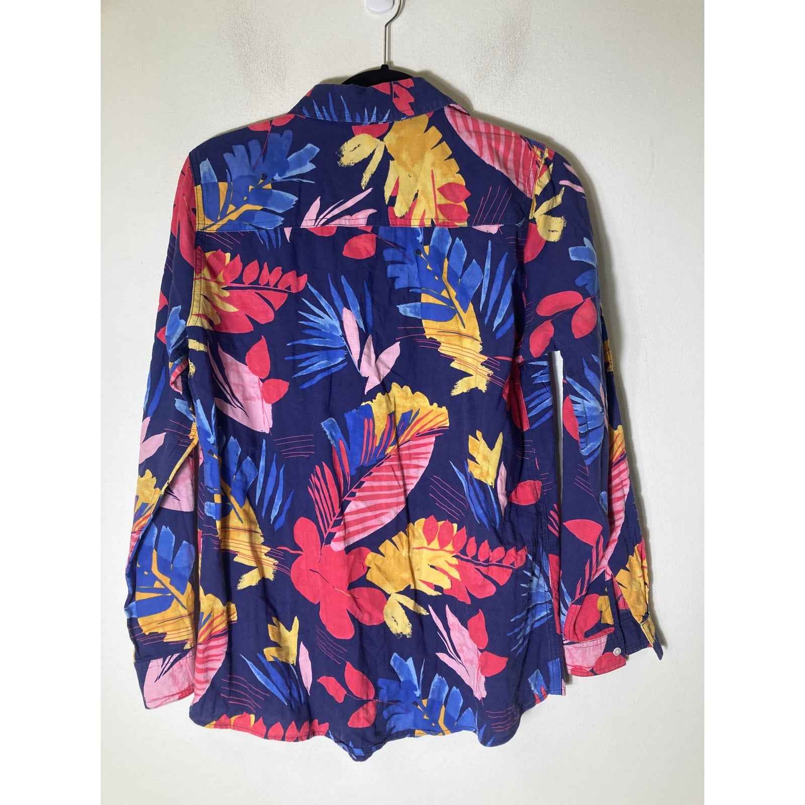 J. McLaughlin Navy Blue Tropical Print Long Sleeve Button Up Shirt Sz S