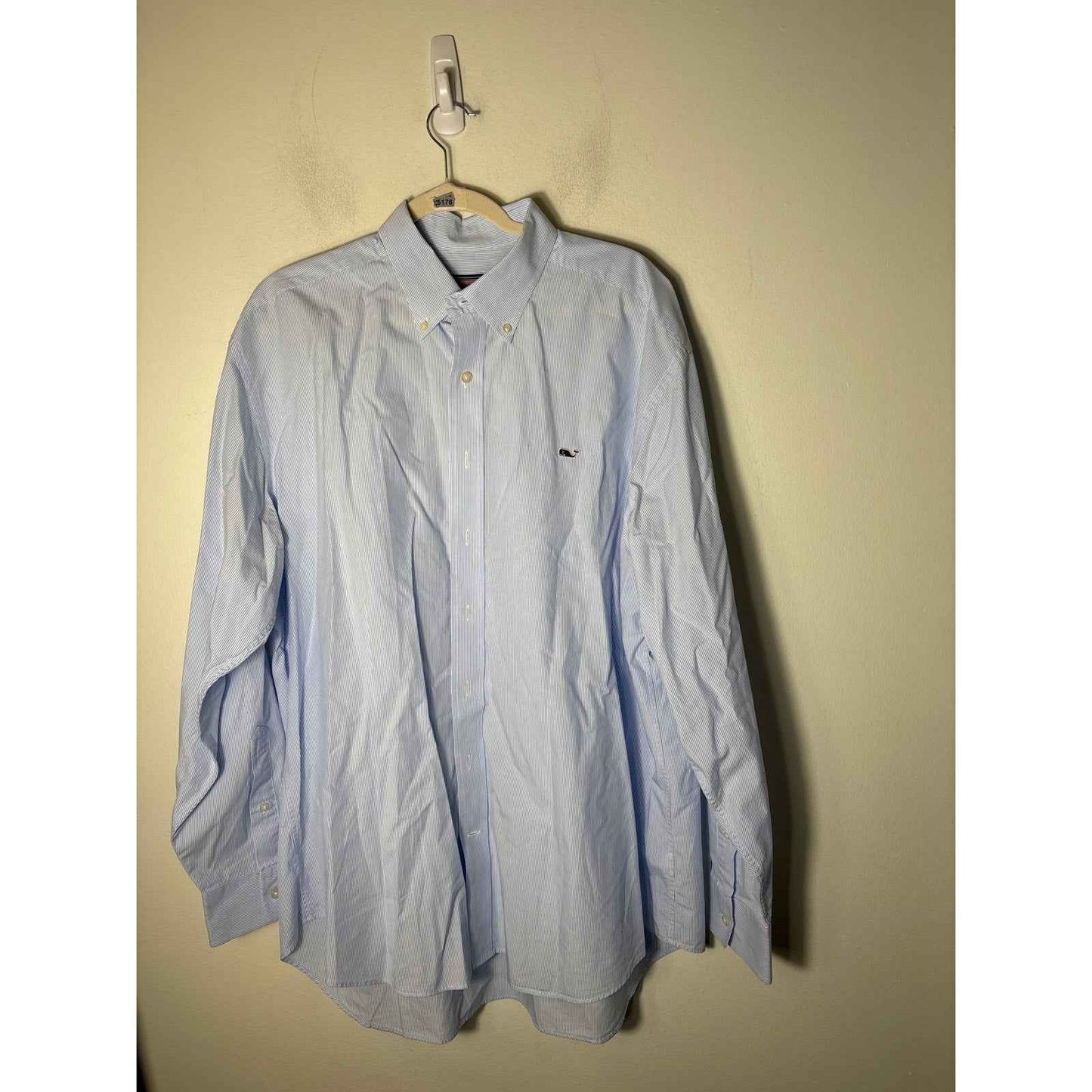 Mens Vineyard Vines Blue and White Vertical Mini Stripe Whale Shirt Sz XL