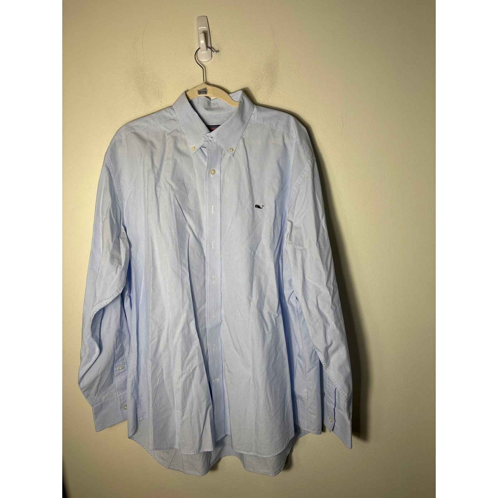 Mens Vineyard Vines Blue and White Vertical Mini Stripe Whale Shirt Sz XL