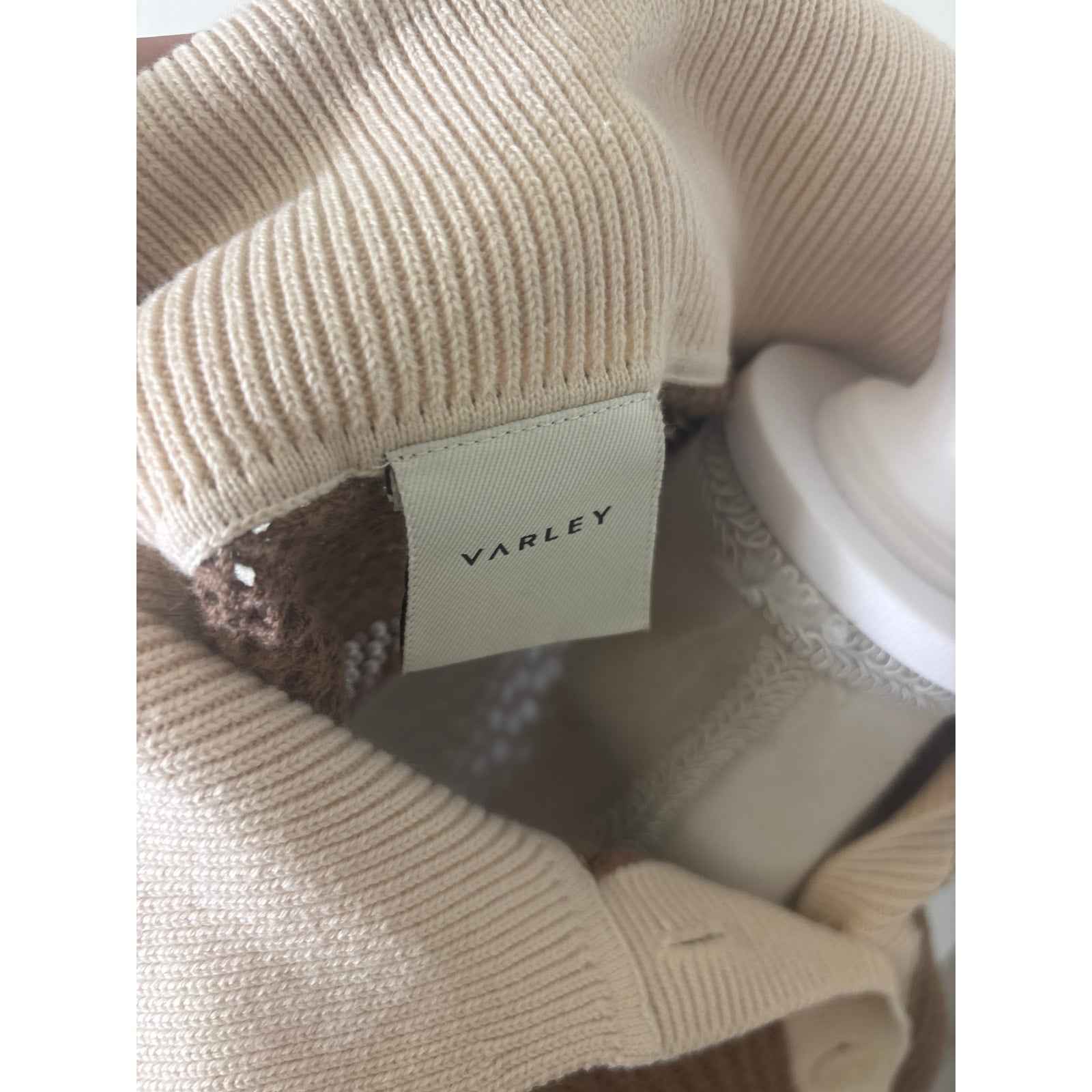 Varley Brown Cypress Turn Up Pant in Stretch Twill, Sweater is Finch Knit Polo Sz S