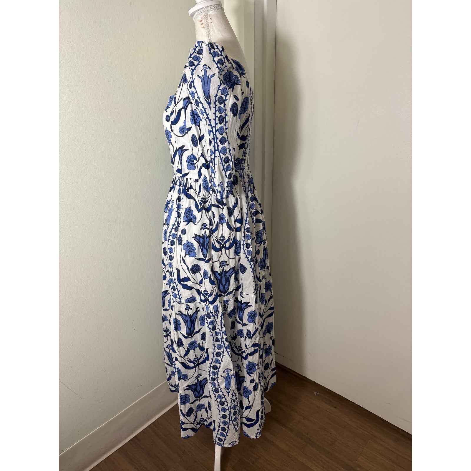 Beyond by Vera Blue and White Puff Sleeve Maxi Dress Sz S