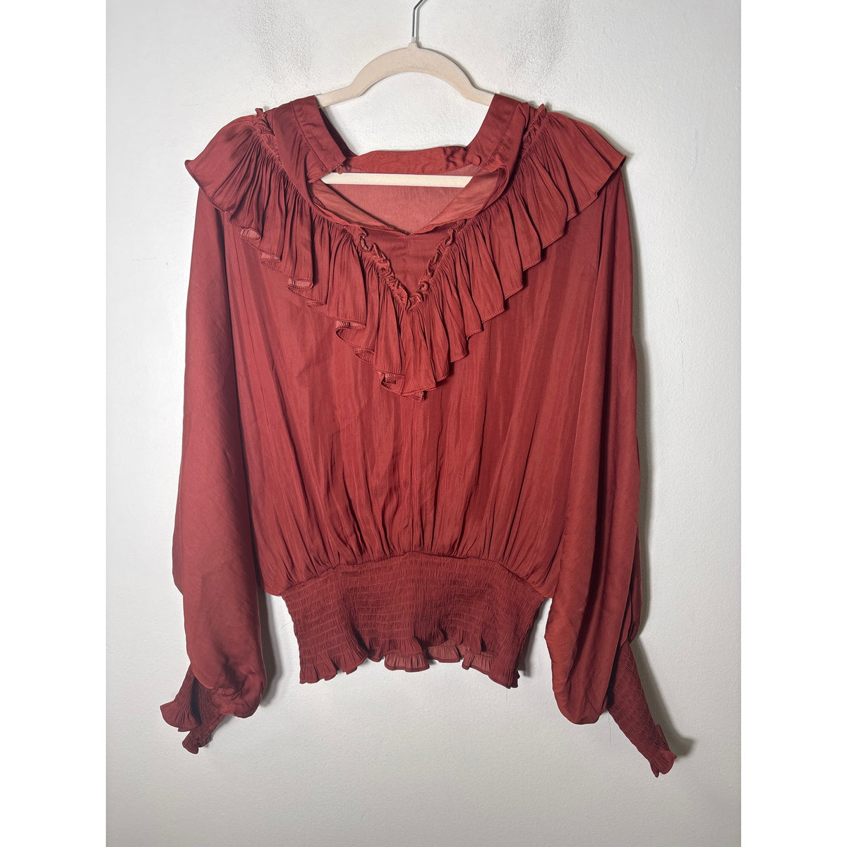 Glam Ox Blood Long Sleeve Ruffle Smocked Waist and Cuff Sz L