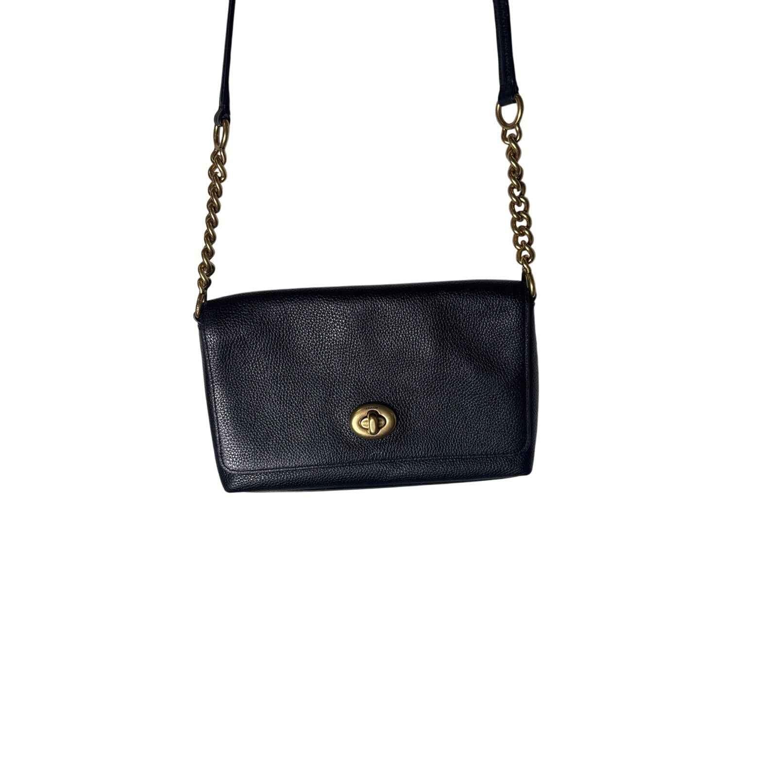 Coach Black Pebbled Leather Foldover Closure Crossbody Bag 10"x6"