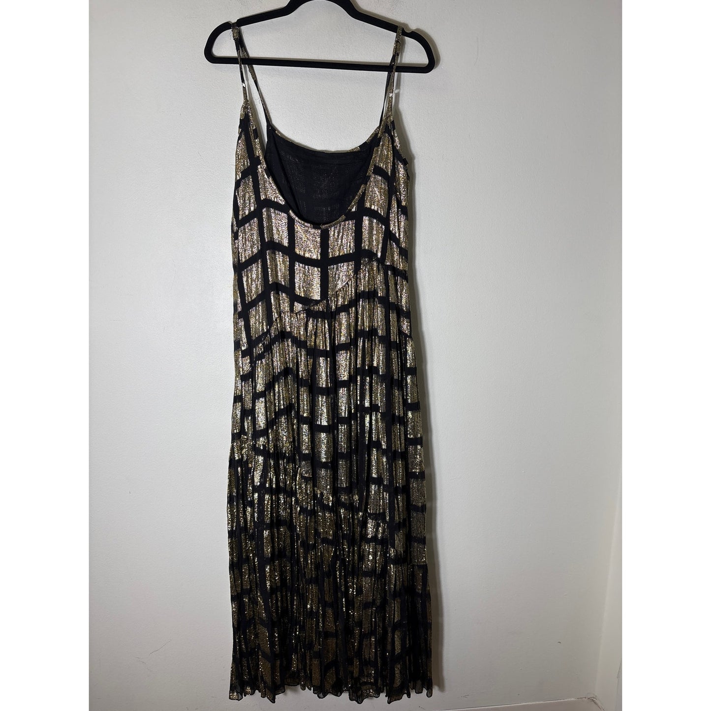 Muche et Muchette Gold Lame Black Checked Backless Maxi Dress Sz M