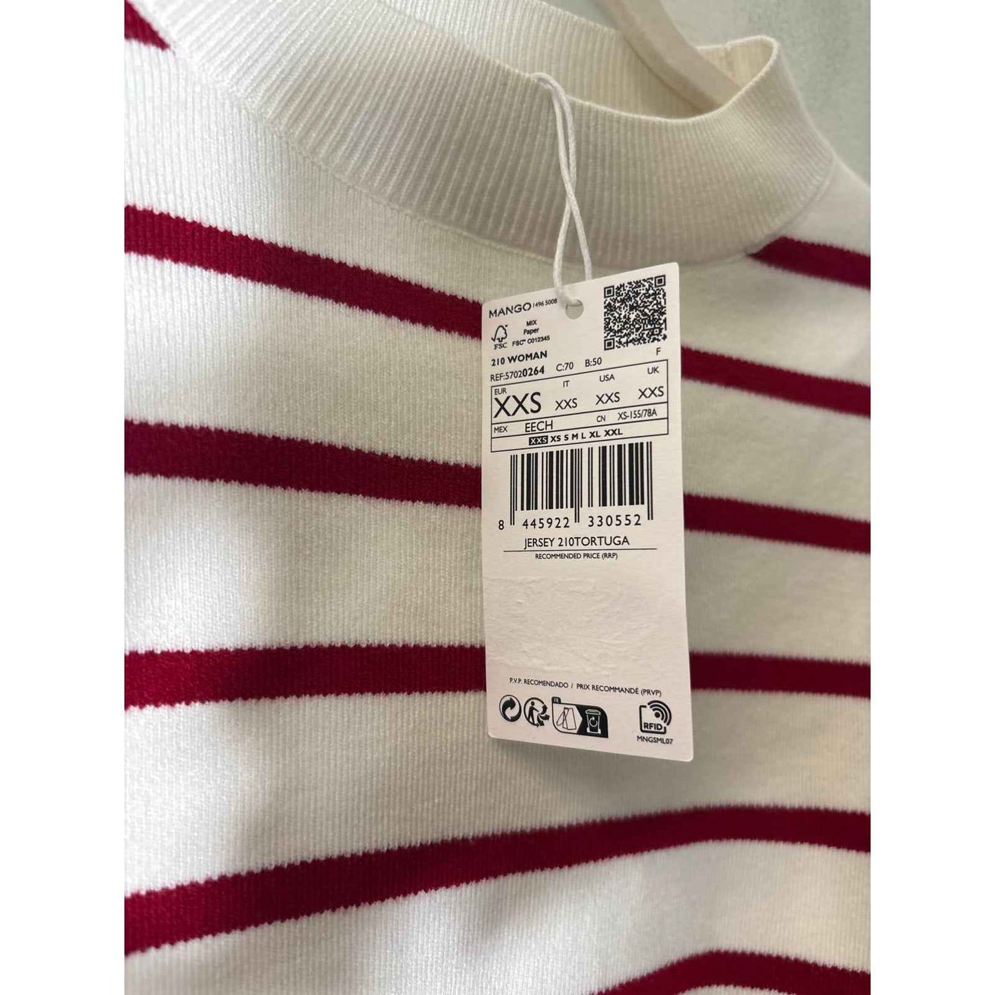 NWT MNG Red and Off White Stripe Long Sleeve Crop Sweater Sz XXS