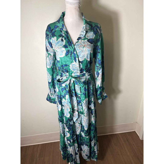 Roller Rabbit Green and Blue Floral Long Sleeve Maxi Dress Sz XS