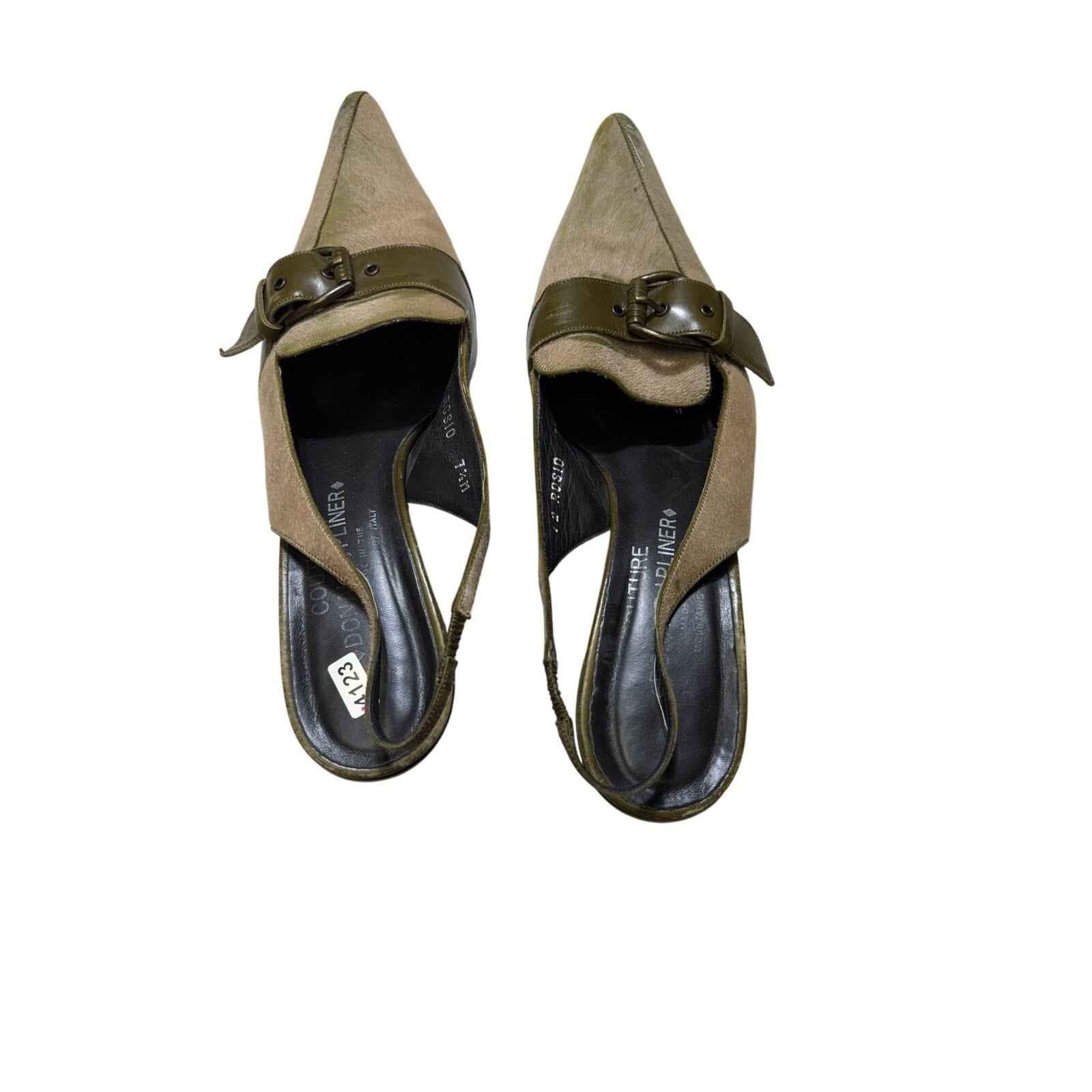 Donald J Pliner Pointed Toe Olive Green Calf Hair Sling Back Heels Sz 7.5