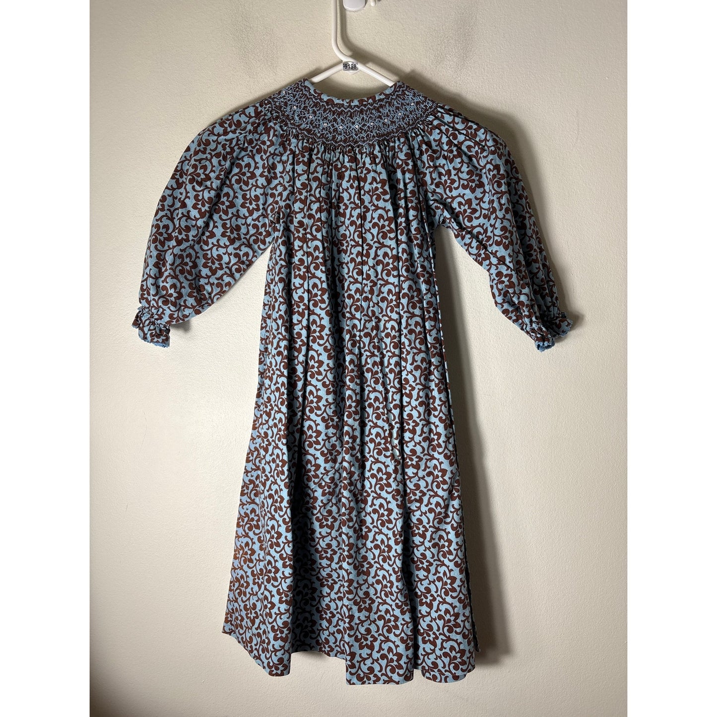 Girls Vintage Amanda Remembered Blue&Brown Print 3/4 Sleeves Smocked Dress Sz 6