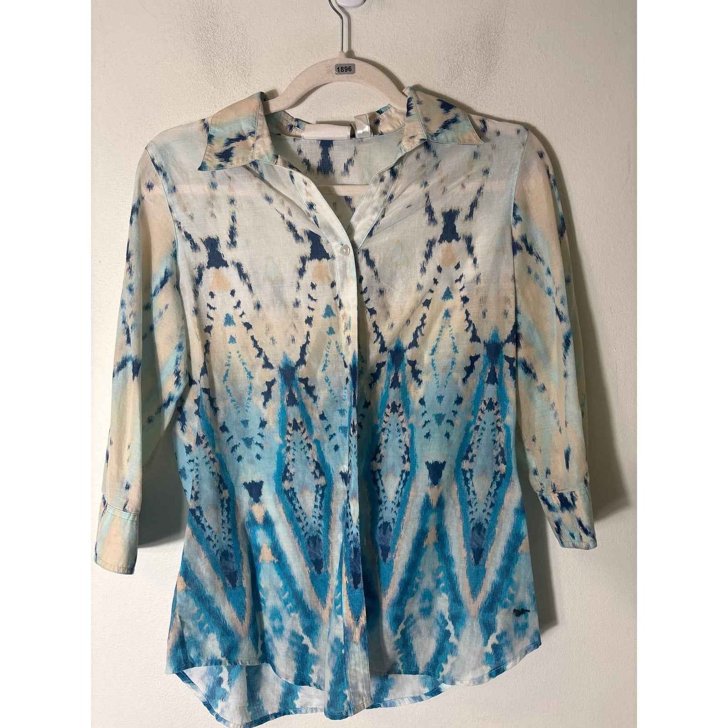 Chico's Off White Blue Cotton Long Sleeve Button Down Sz 0 (4)