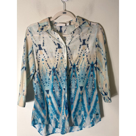 Chico's Off White Blue Cotton Long Sleeve Button Down Sz 0 (4)