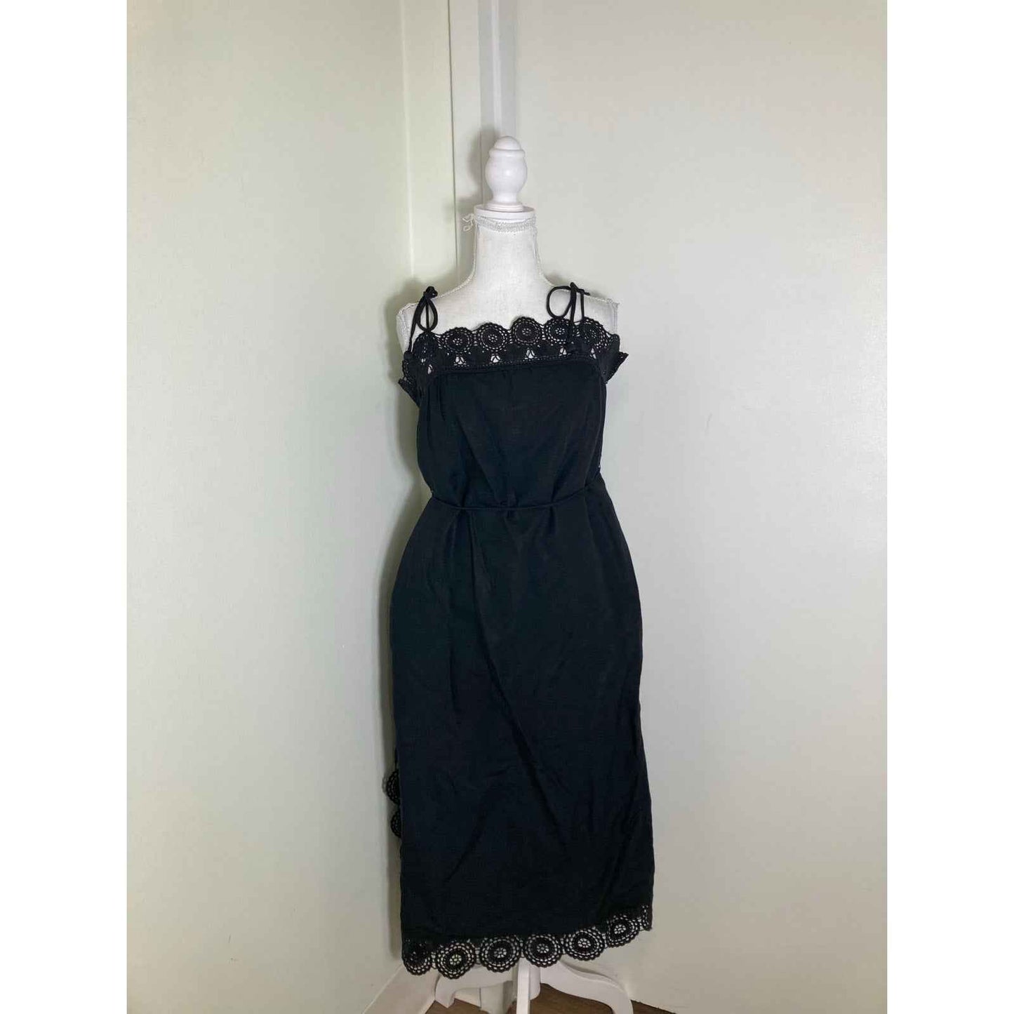 Sea Black Linen Spaghetti Tie Strap Dress Sz S
