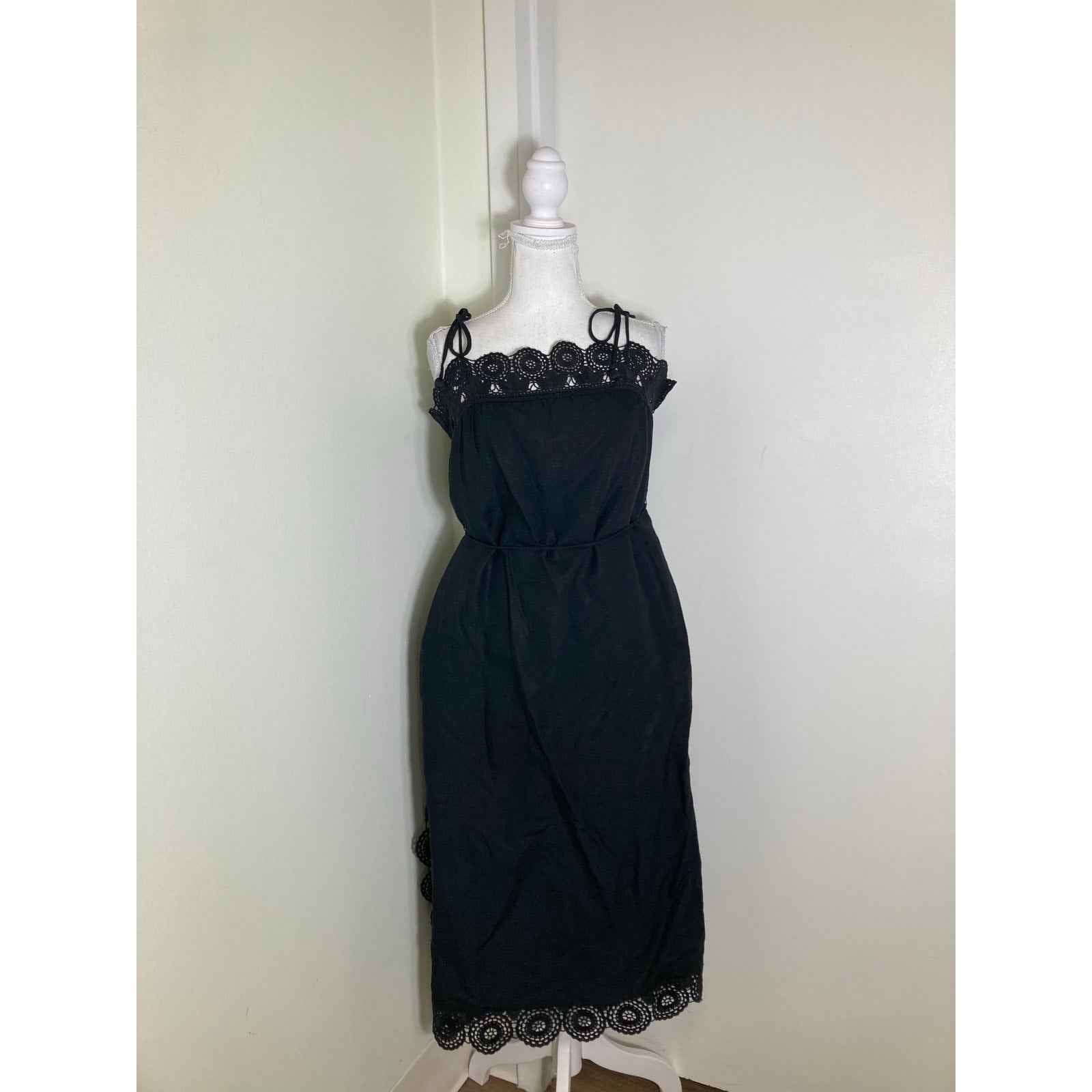 Sea Black Linen Spaghetti Tie Strap Dress Sz S