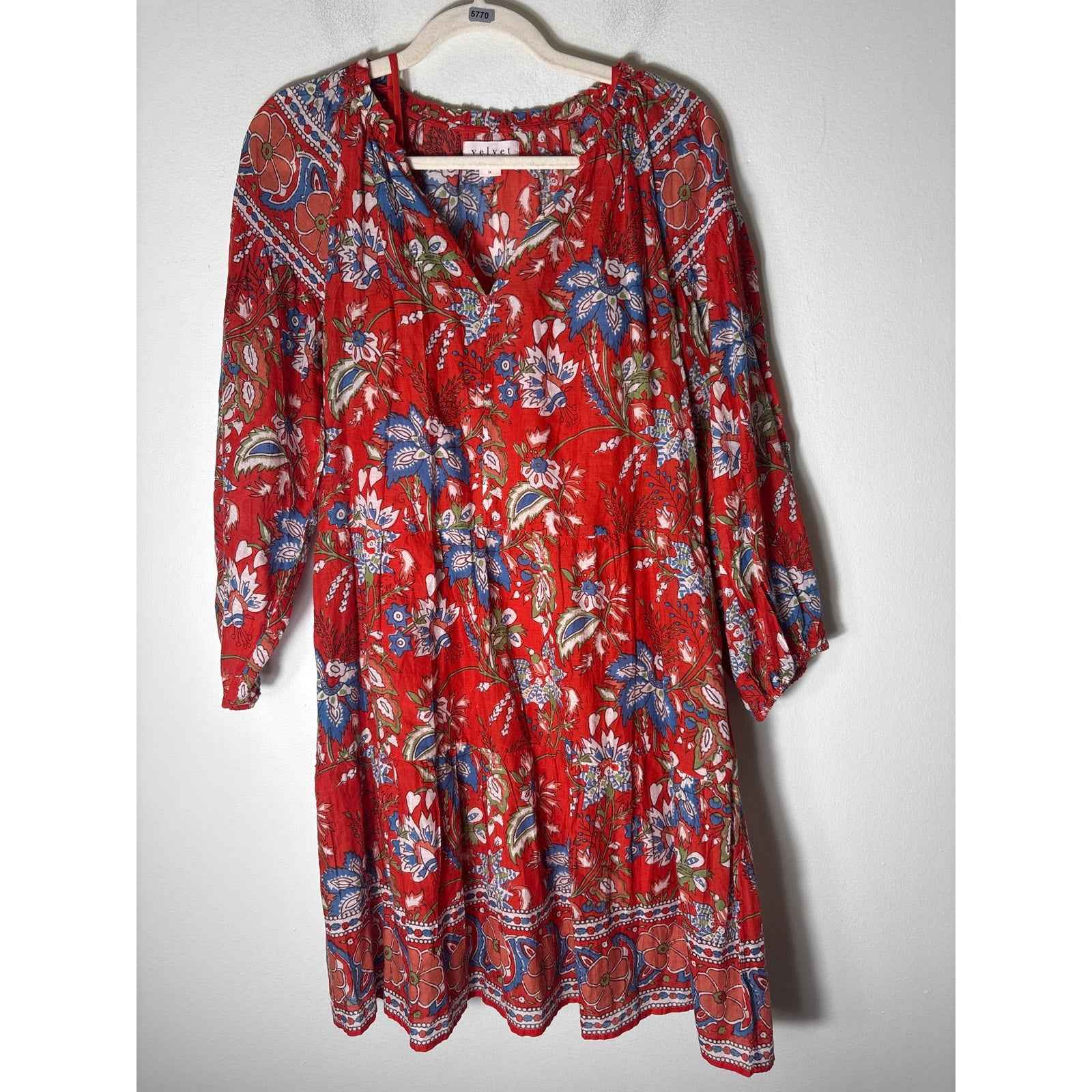 Velvet by Graham and Spencer Red 3/4 Puff Sleeve Cotton Knee Length Dress Sz M