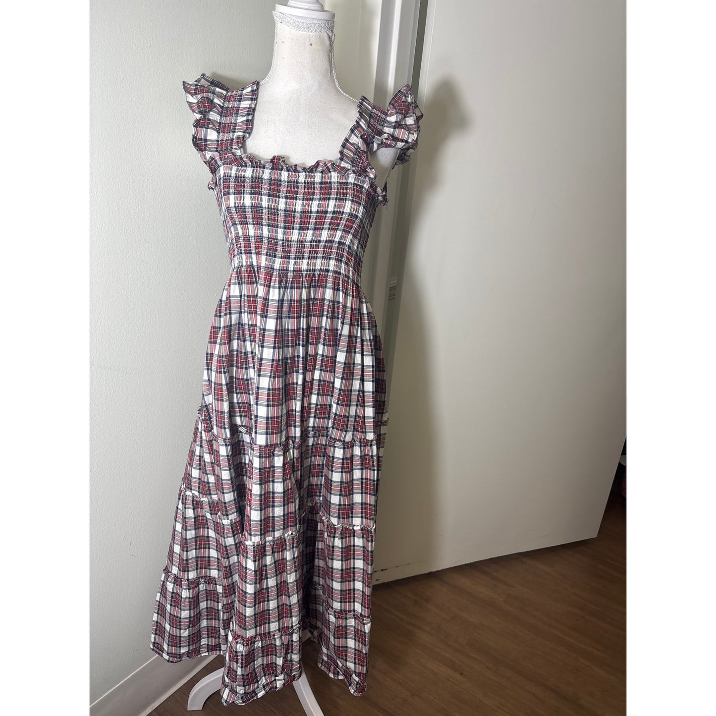 Hill House Red Plaid Flutter Sleeve Cotton Maxi Dress Sz S