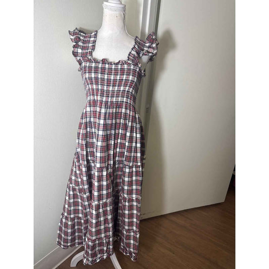 Hill House Red Plaid Flutter Sleeve Cotton Maxi Dress Sz S