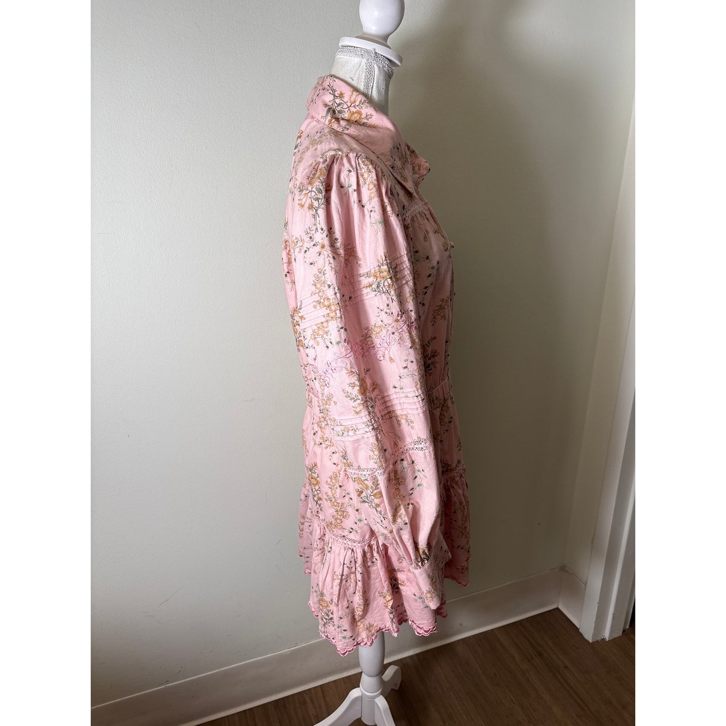 Love Shack Fancy Pink Floral Long Sleeve Knee Length Dress Sz XL