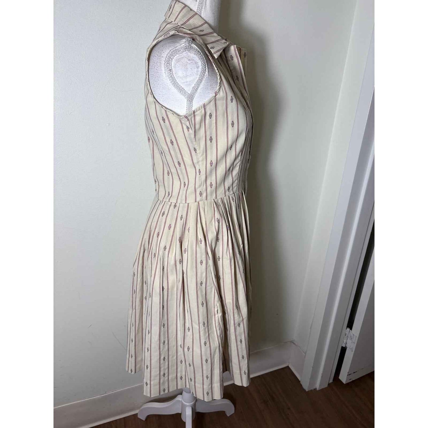 Buru Off White Crimson Sleeveless Cotton Knee Length Dress Sz S