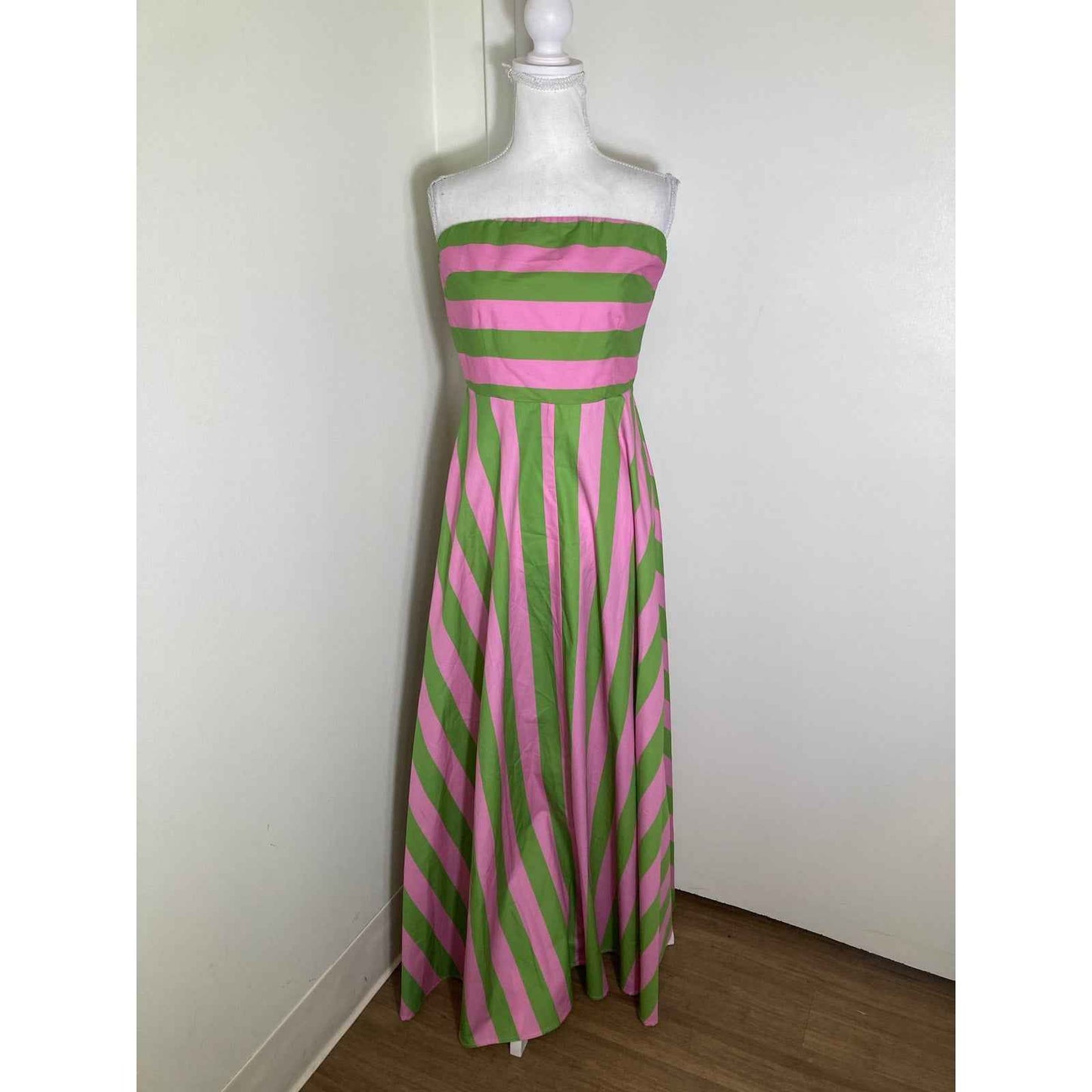 Aston Studio Green and Pink Striped Strapless Maxi Dress Sz 6
